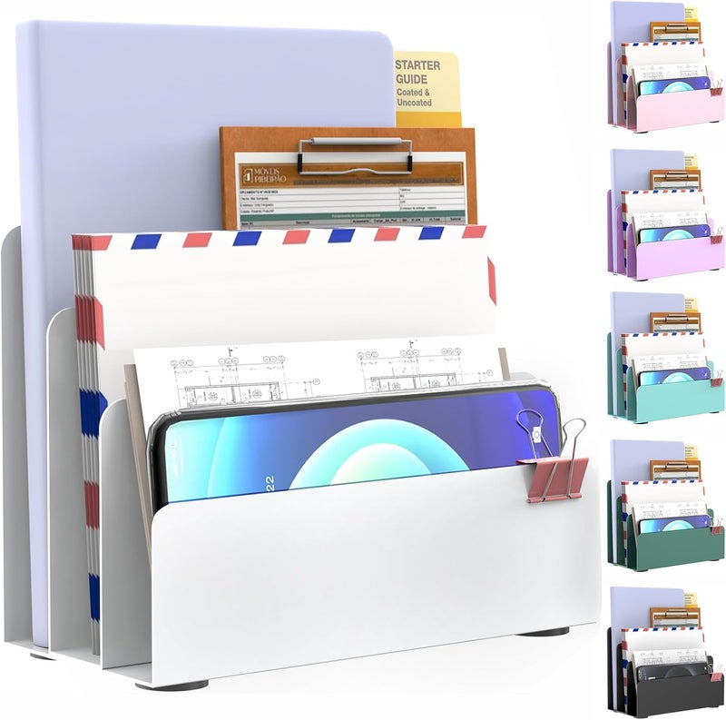 OUTIOE Mail Organizer Countertop, Small Desk File Organizer, Metal File Holder - Essential Workspace Organizers for Office Desk, Home Office (White) - Image 1